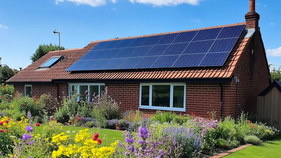 Dansk hus med flot have og solceller på taget