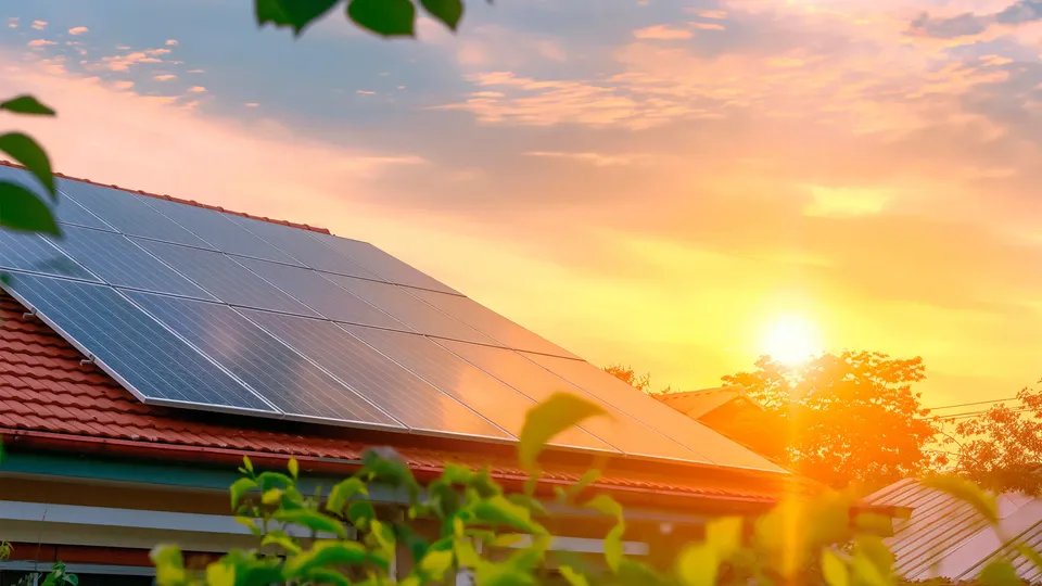 Solceller på taget af et hus med en solnedgang i baggrunden