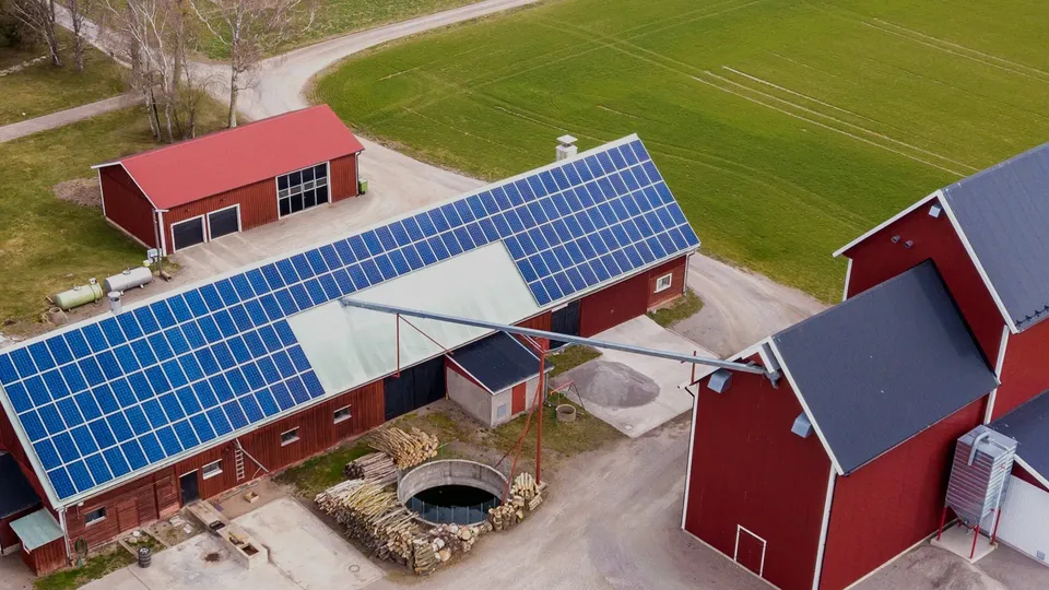 Flygbild över röda gårdsbyggnader med solpaneler på taken omgivna av åkermark.