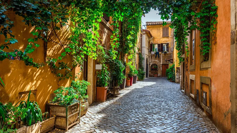 Passaggio coperto di edera in un vicolo stretto con edifici in terracotta.