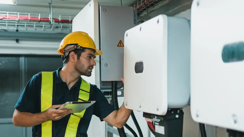 Técnico inspeccionando equipo de inversor solar mientras sostiene una tableta.