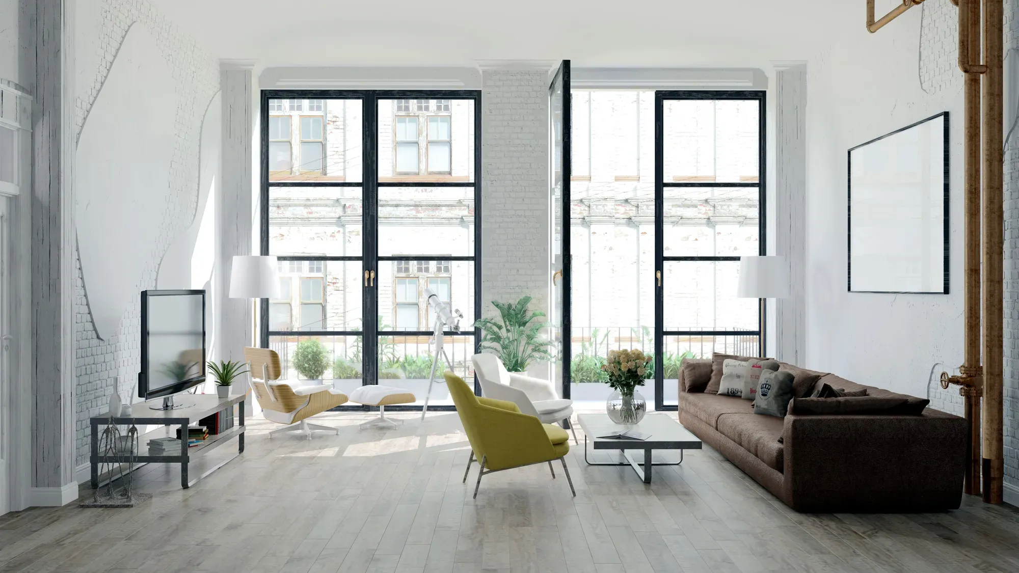 Romslig stue i moderne leilighet med store vinduer, sofa og sittegruppe.
