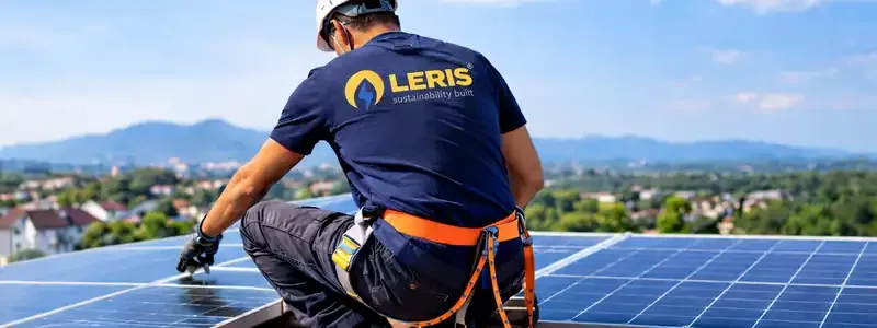 Un tecnico con imbracatura di sicurezza inginocchiato su un impianto fotovoltaico sul tetto, con le colline sullo sfondo.