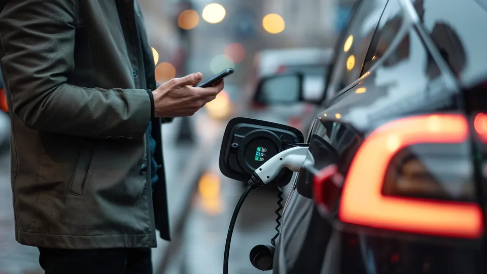 Man using a smartphone while charging an electric vehicle at a public charge point on a city street