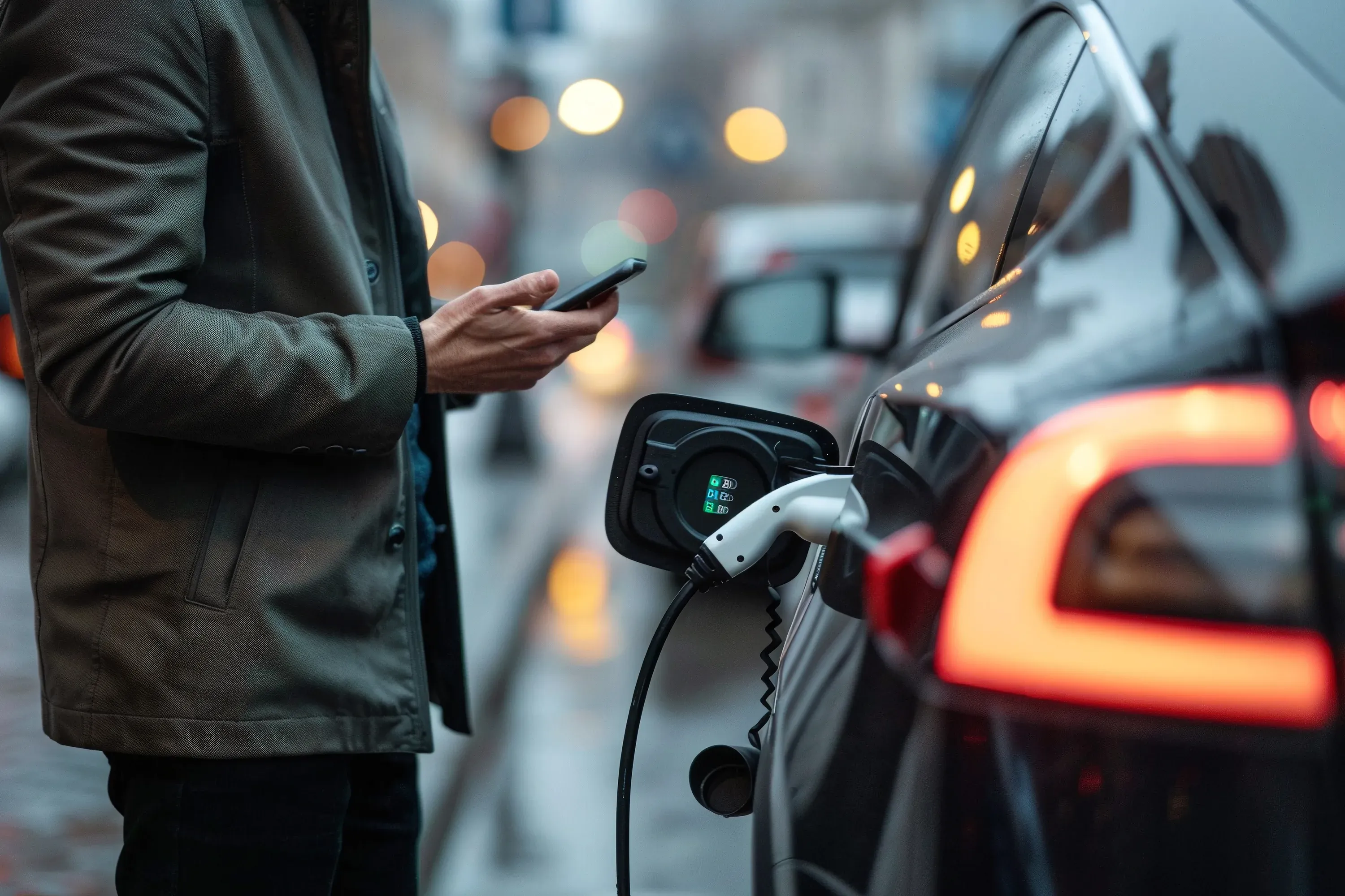 Man using a smartphone while charging an electric vehicle at a public charge point on a city street