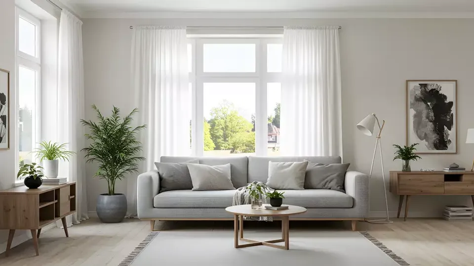 Modernt vardagsrum med grå soffa, träinredning och stora fönster.