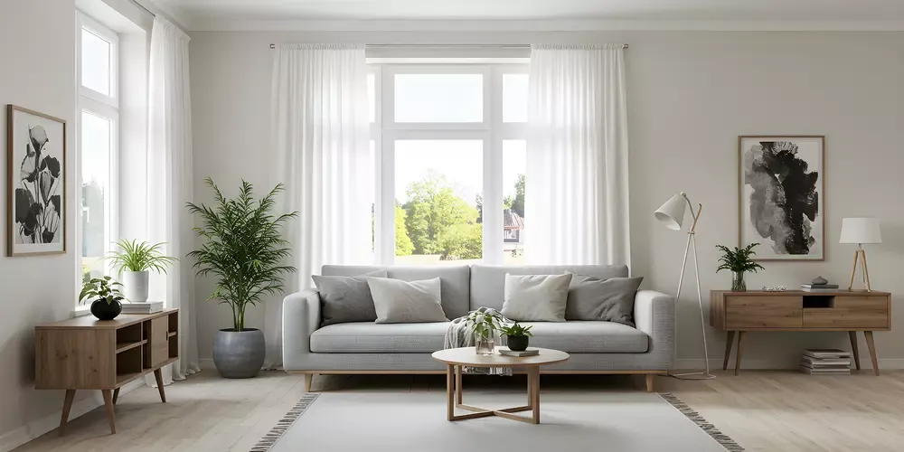 Modernt vardagsrum med grå soffa, träinredning och stora fönster.