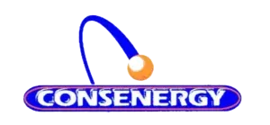 Logo Consenergy con un arco blu e un cerchio arancione sopra un banner blu.