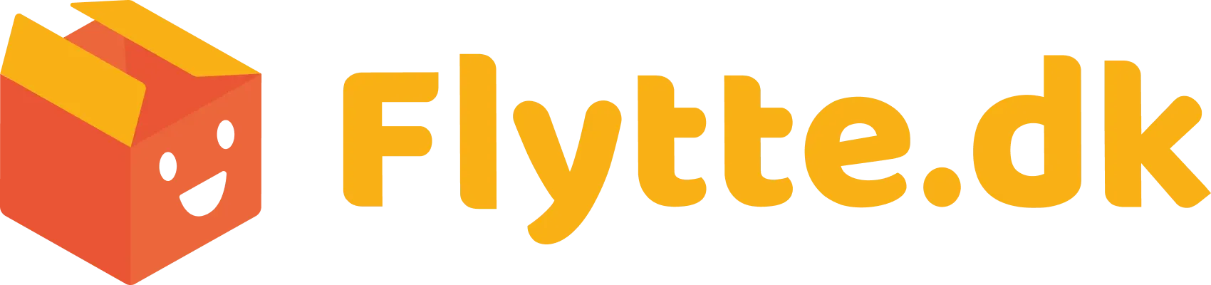 Flytte.dk logo med smilende boks-karakter og gul tekst.