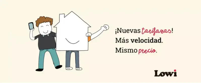 Hombre sosteniendo herramientas junto a contorno de casa con texto sobre nuevas tarifas y velocidad.