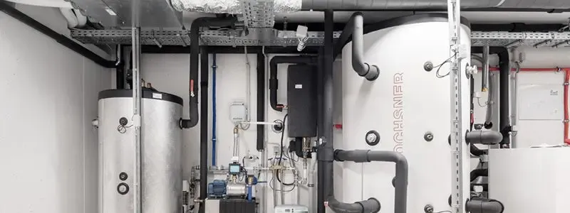 Wohnheizanlage mit Wassertanks und Kesselinstallation.