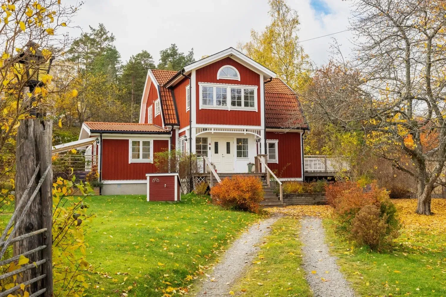 Röd skandinavisk villa med vit list och tegeltak omgiven av höstträd.