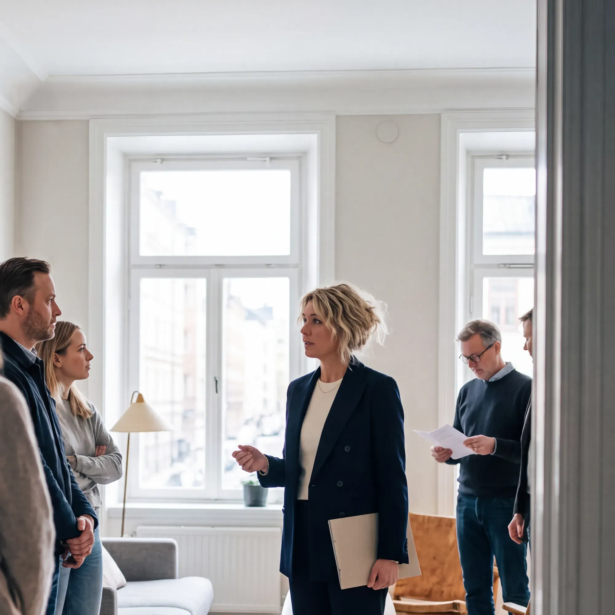 Fastighetsmäklare presenterar lägenhet för klienter under visning.