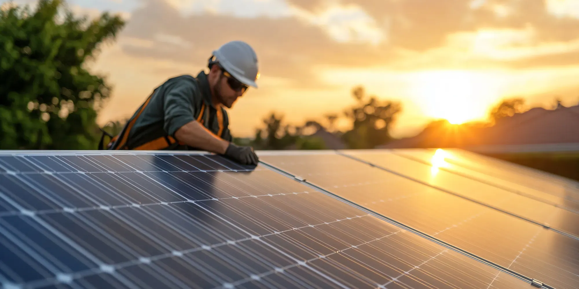 Trabajador instalando paneles solares en tejado al atardecer.