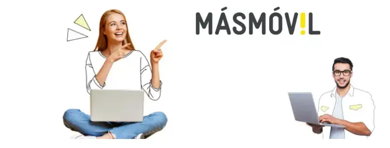 Mujer y hombre usando portátiles con marca Másmóvil.