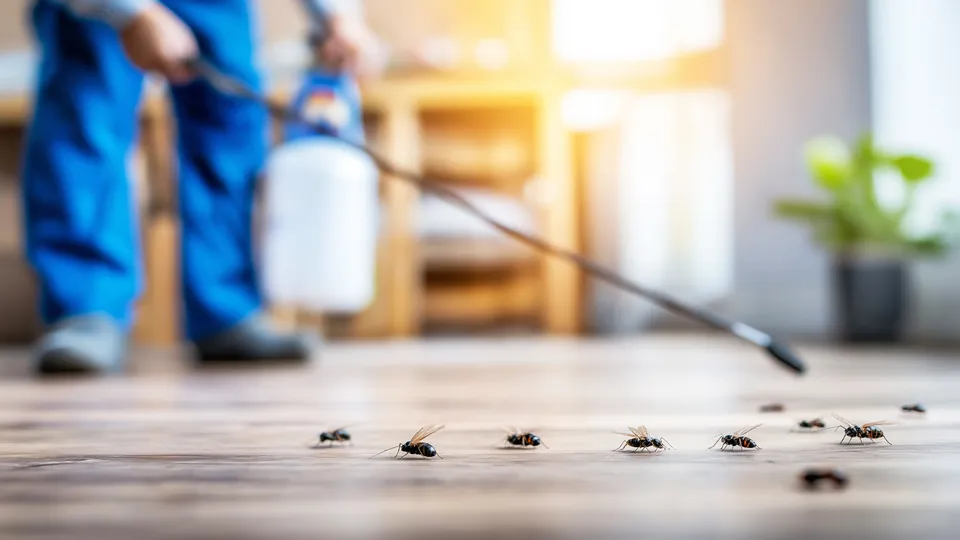 Bilde av en skadedyrkonsulent i blå bukser som har et langt redskap som sprøyter en væske over en koloni av maur som går over et gulv