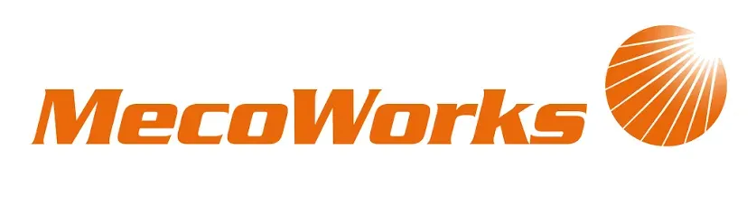 Logótipo MecoWorks com texto laranja e ícone esférico.