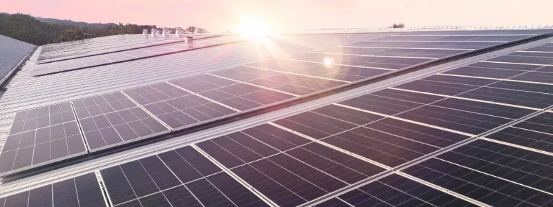 Painéis solares no telhado com brilho solar no horizonte.