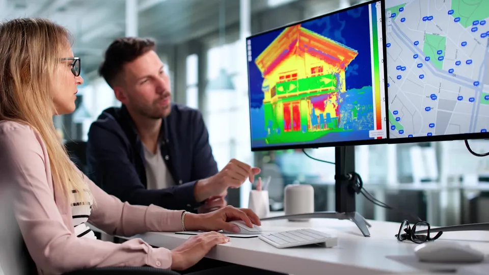 To personer ved et skrivebord som ser på et termografibilde av et hus og et kart på dataskjermer