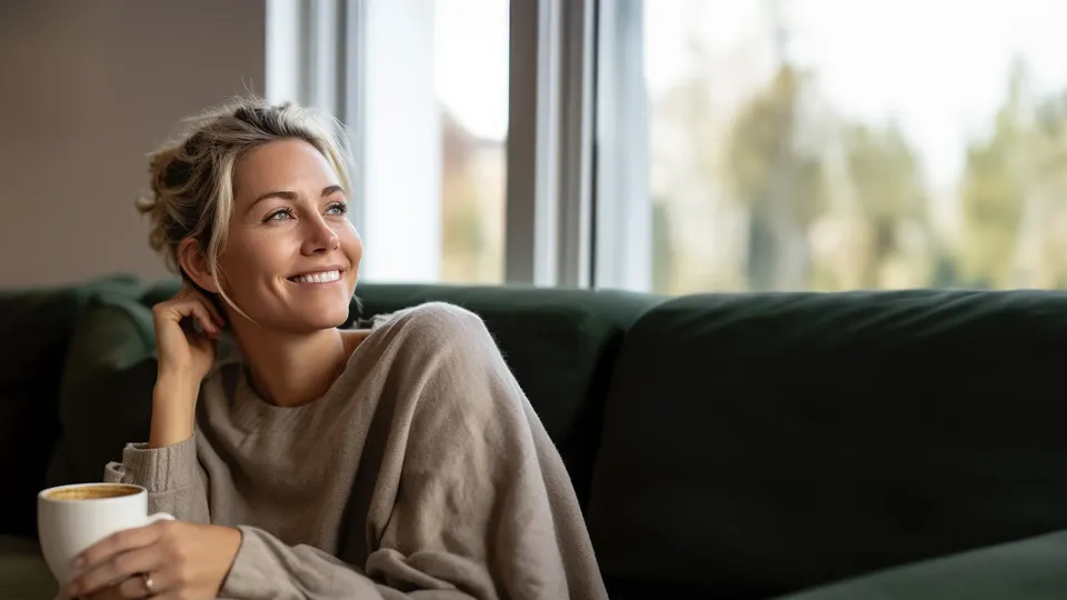 Kvinne sitter på sofa med kaffekop og smiler mens hun ser ut av vinduet.