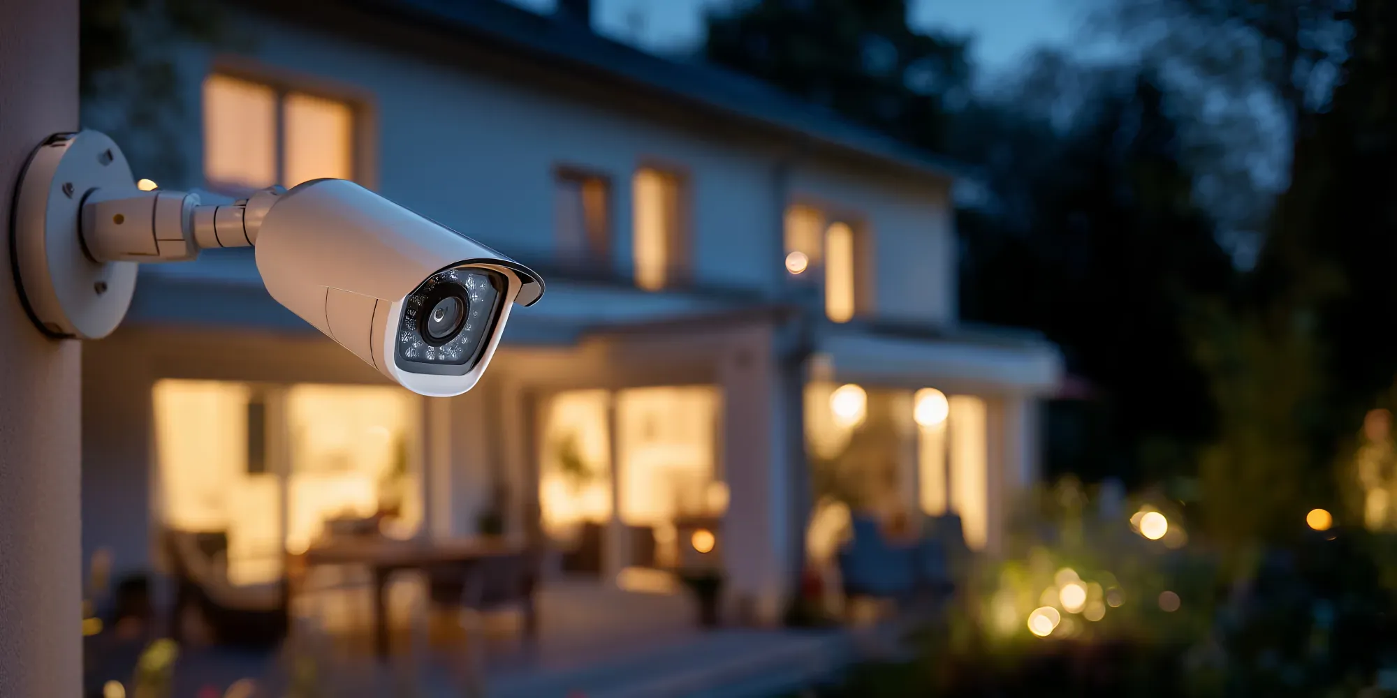 Cámara de seguridad montada en la pared de una casa vigilando el exterior al atardecer.