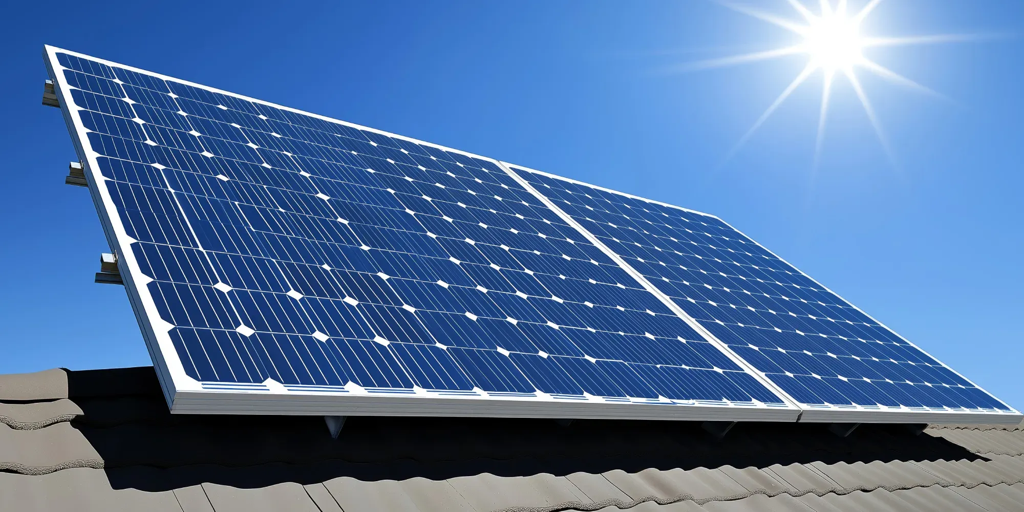 Panel solar inclinado hacia la luz solar brillante contra el cielo azul.