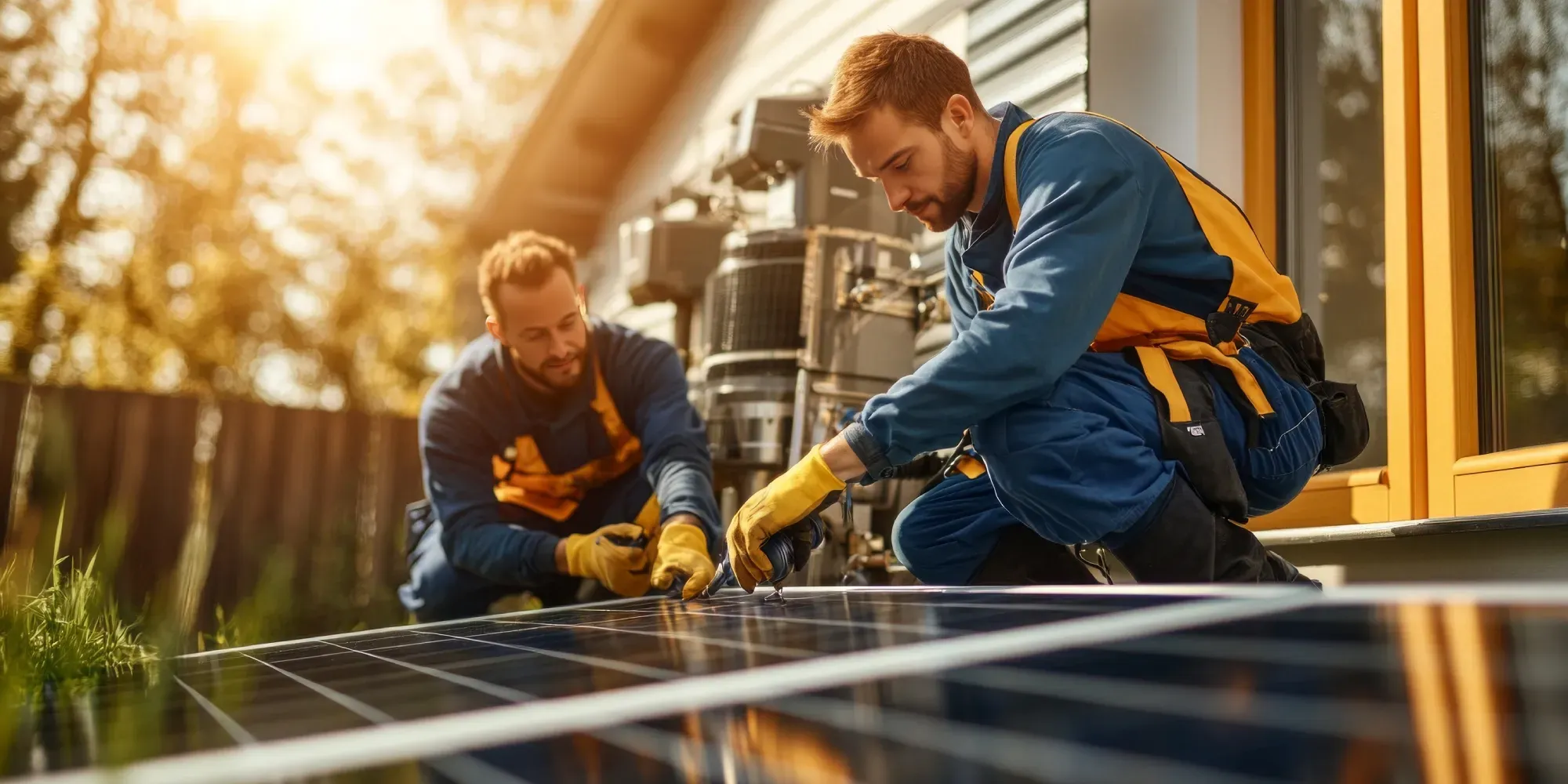Dos trabajadores instalando paneles solares en un techo.