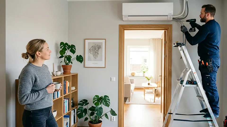 Tekniker på stige installerer klimaanlæg, mens kvinde ser på.