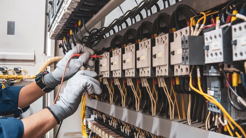 Elektriker med handsker tester elskab med måler.