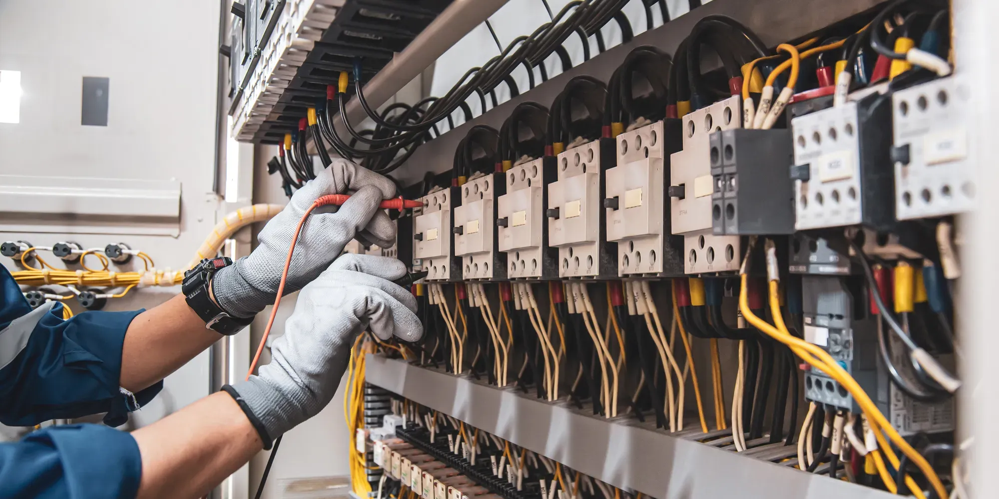 Elektriker med handsker tester elskab med måler.
