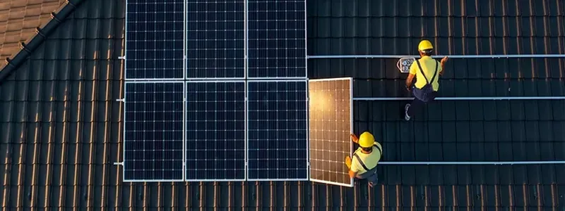Oppenberger Photovoltaik – Luftaufnahme von Monteuren bei der Installation von Photovoltaikmodulen auf Ziegeldach