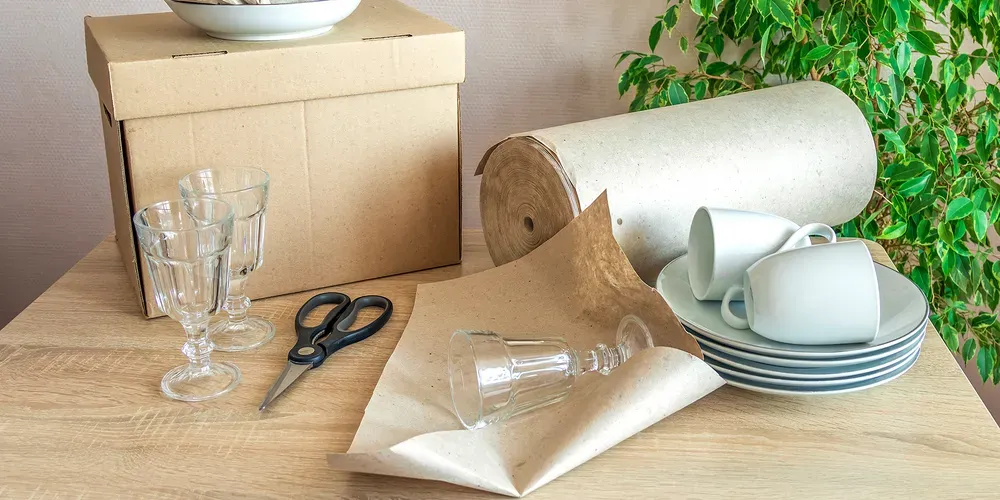 Glas, porslin och packmaterial står förberett för flyttpackning på ett bord.
