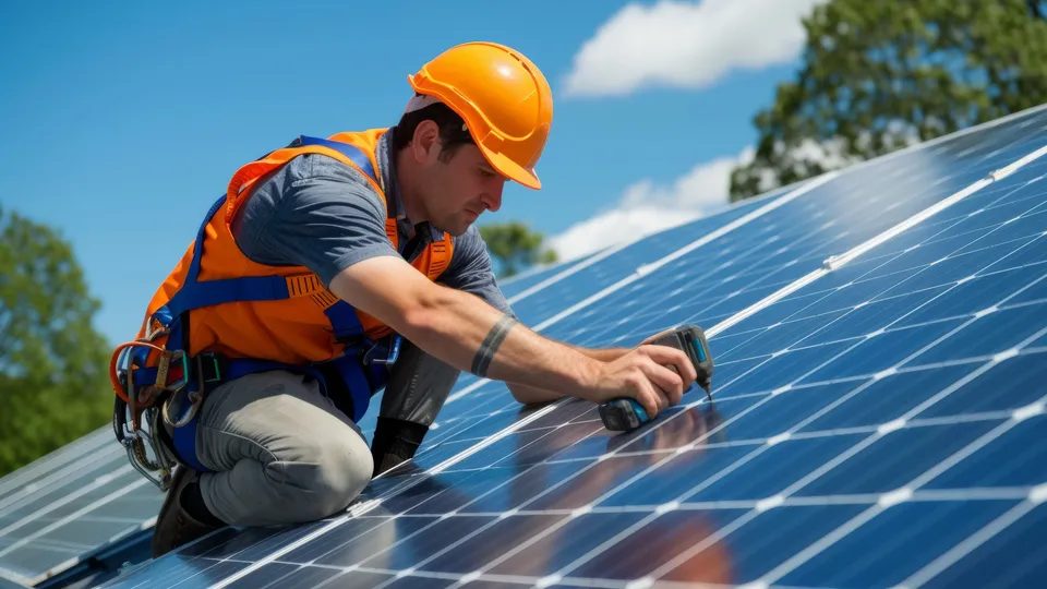 Trabajador instalando panel solar en azotea.