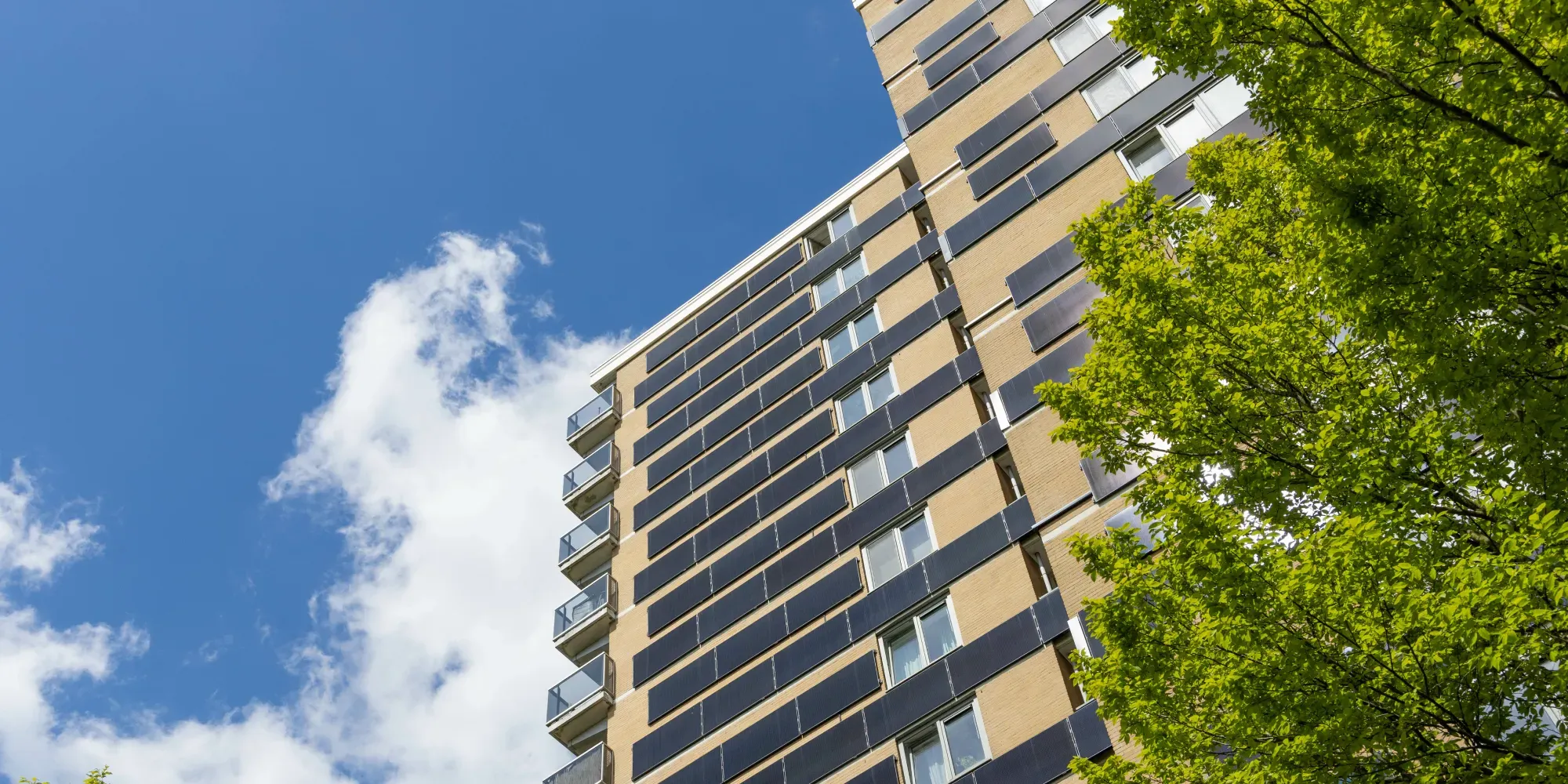 Edificio de apartamentos moderno con balcones contra cielo azul y follaje de árbol verde.