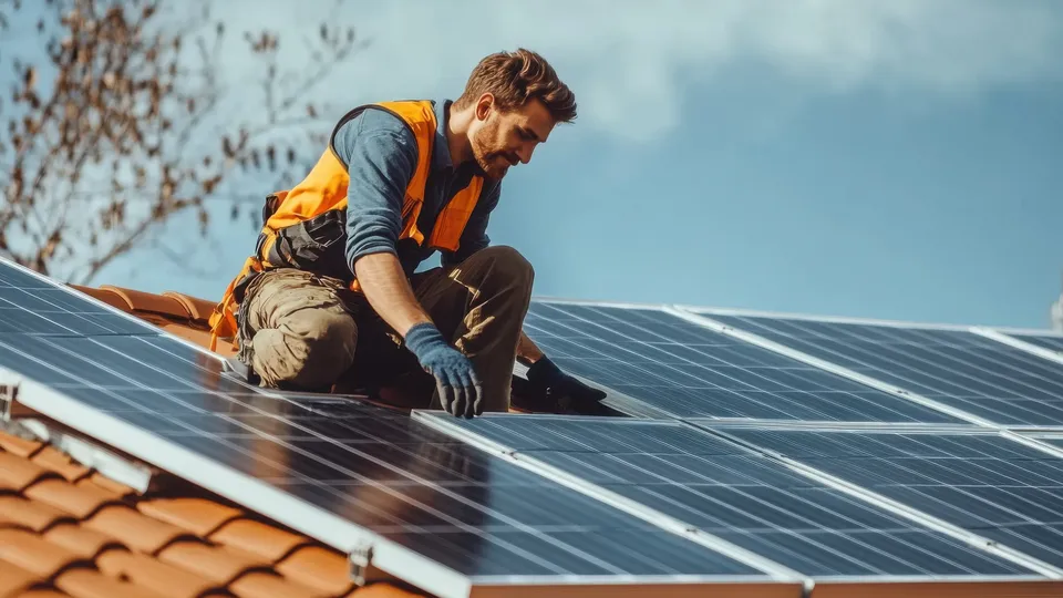 Worker installing photovoltaic solar panels on a roof.