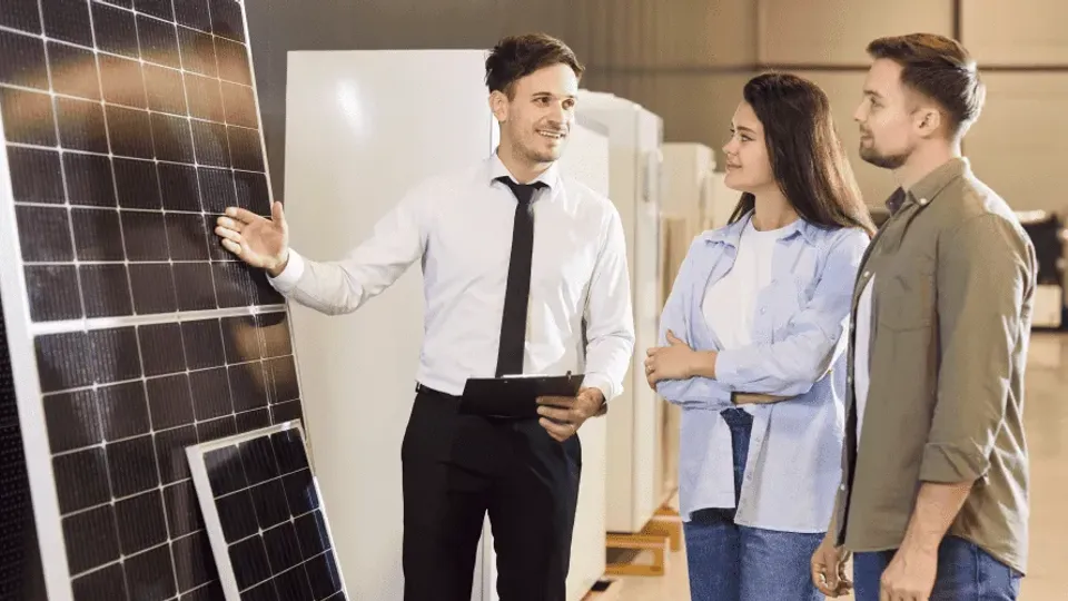 Salesman presenting solar panel to customers