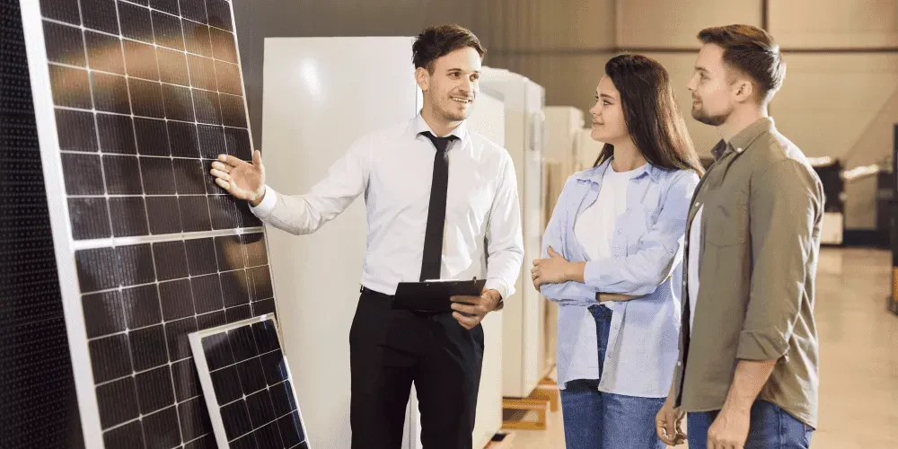 Salesman presenting solar panel to customers