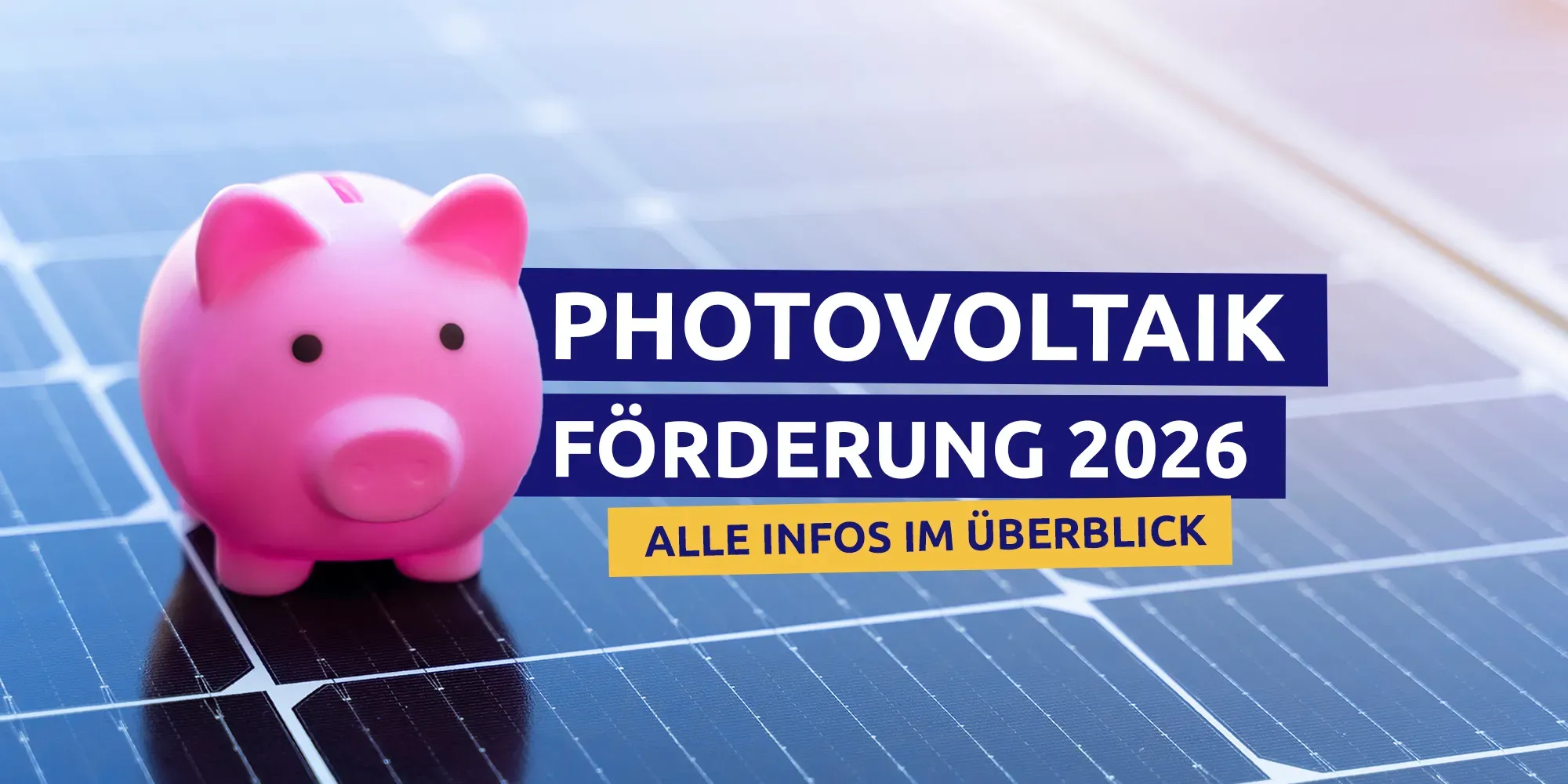 Rosa Spardose auf Solarpanel mit Text zur Photovoltaik-Förderung 2026.