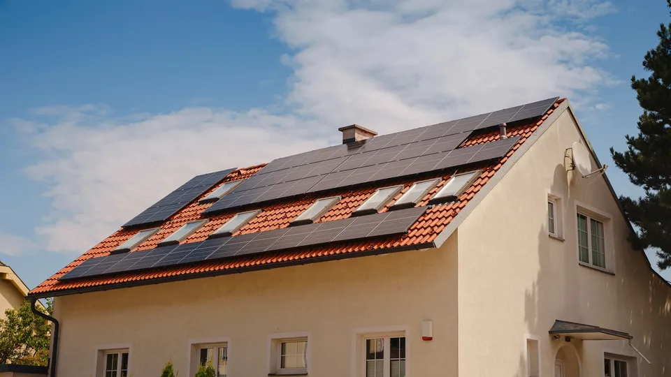 Einfamilienhaus mit Ziegeldach und Photovoltaikanlage bei klarem, blauem Himmel.
