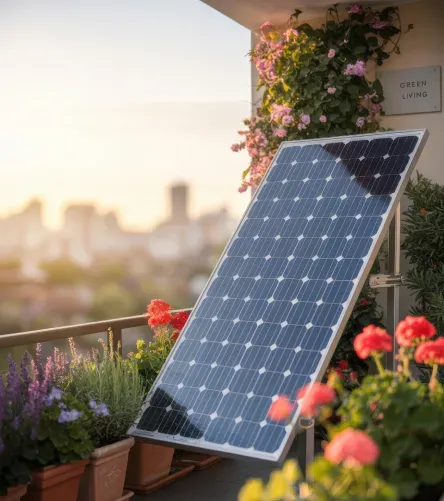 Panel solar en jardín de azotea con plantas floridas y horizonte de ciudad.