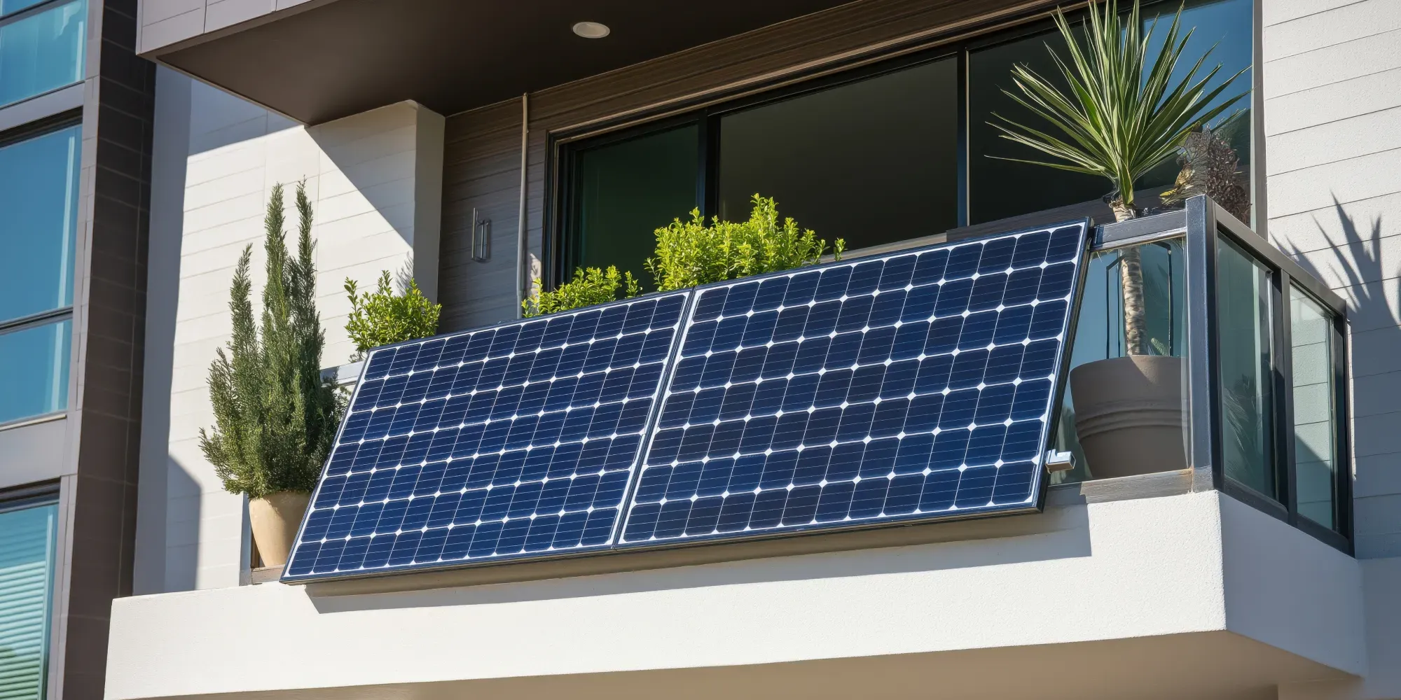 Dos paneles solares montados en el balcón de un edificio moderno.