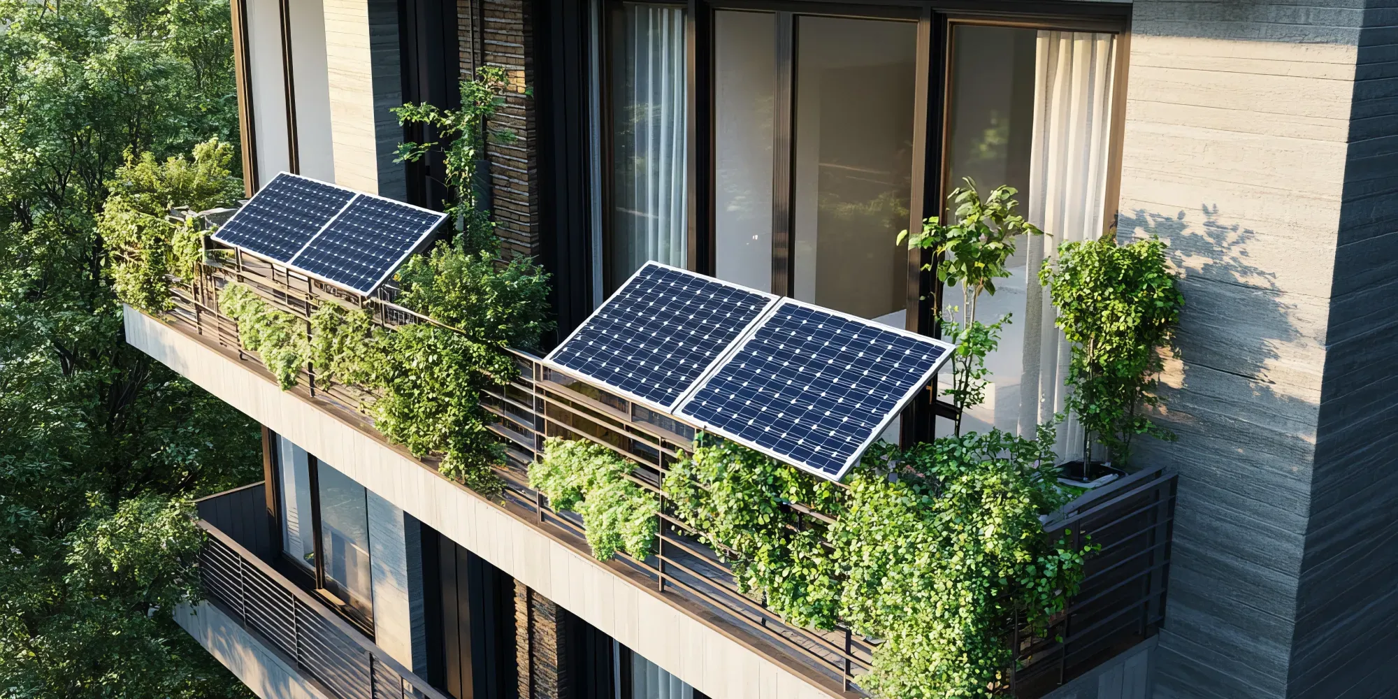 Paneles solares instalados en un balcón residencial con plantas trepadoras.