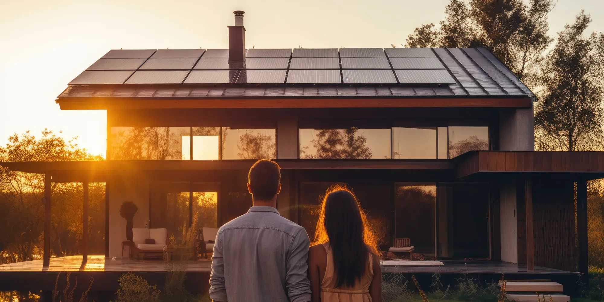 Pareja de pie frente a casa moderna con paneles solares al atardecer.