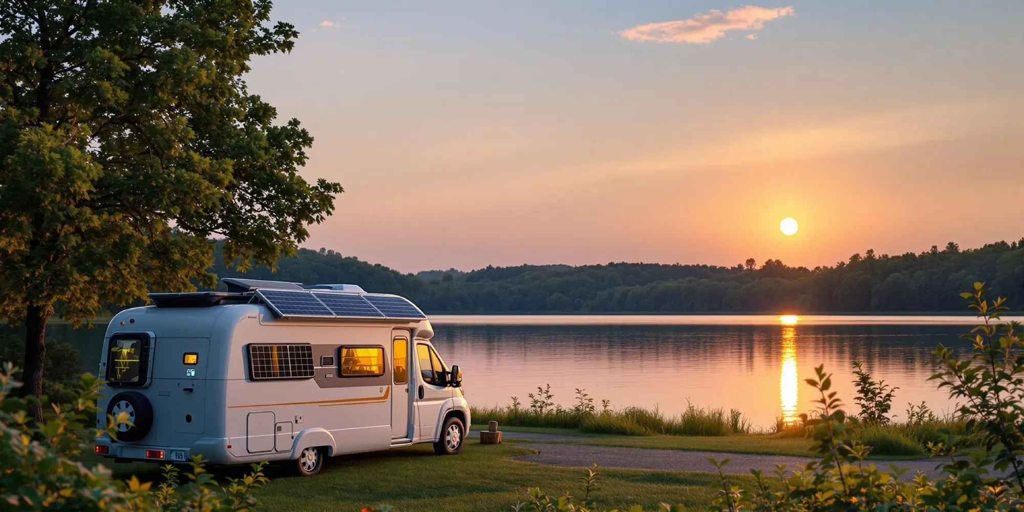 Autocaravana con paneles solares estacionada junto a un lago al atardecer.