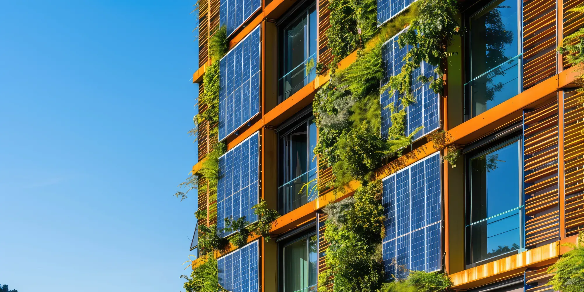 Fachada de edificio moderno con paneles solares verticales y plantas trepadoras verdes.