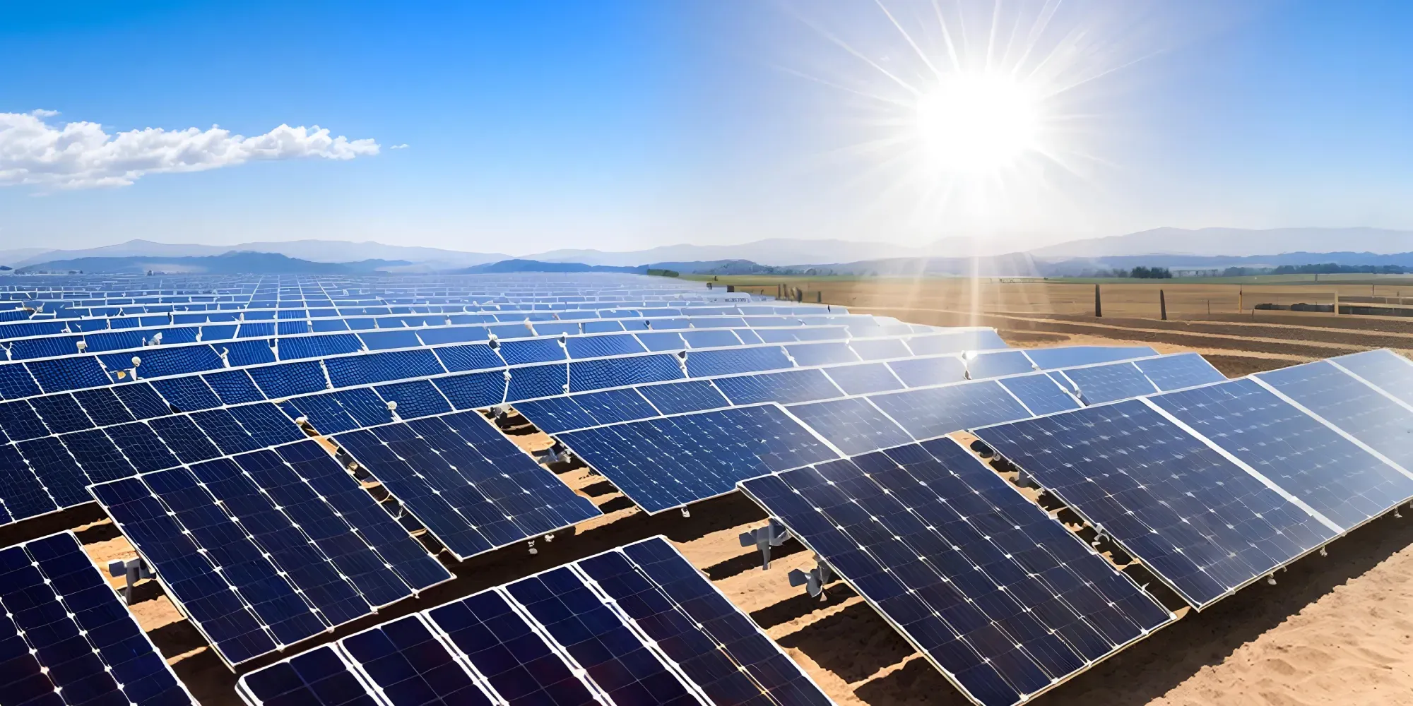Gran granja de paneles solares bajo luz solar brillante con montañas a lo lejos.