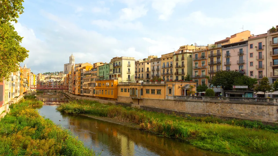 Edificios coloridos junto a un río con vegetación verde y muro de piedra.