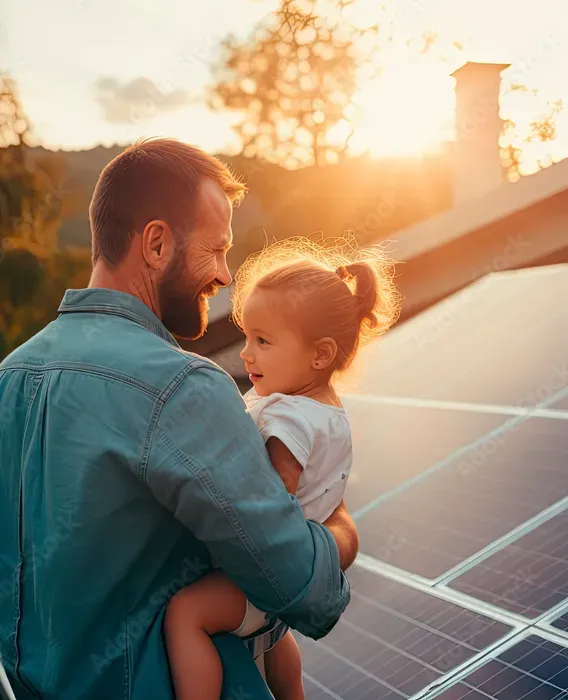 Padre sosteniendo a una niña pequeña en azotea con paneles solares al atardecer.