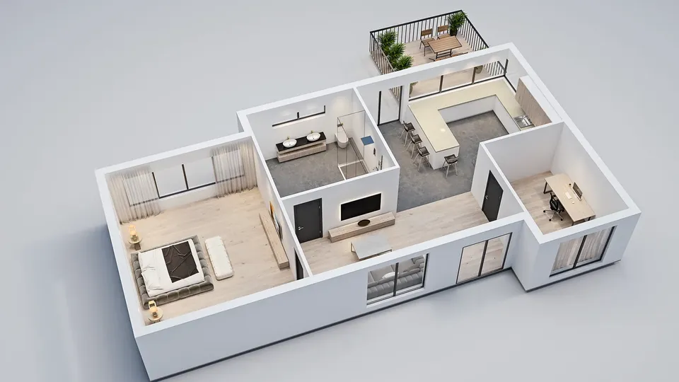 3D-ritning av lägenhet med sovrum, kök, matsal, kontor och taktetrass.