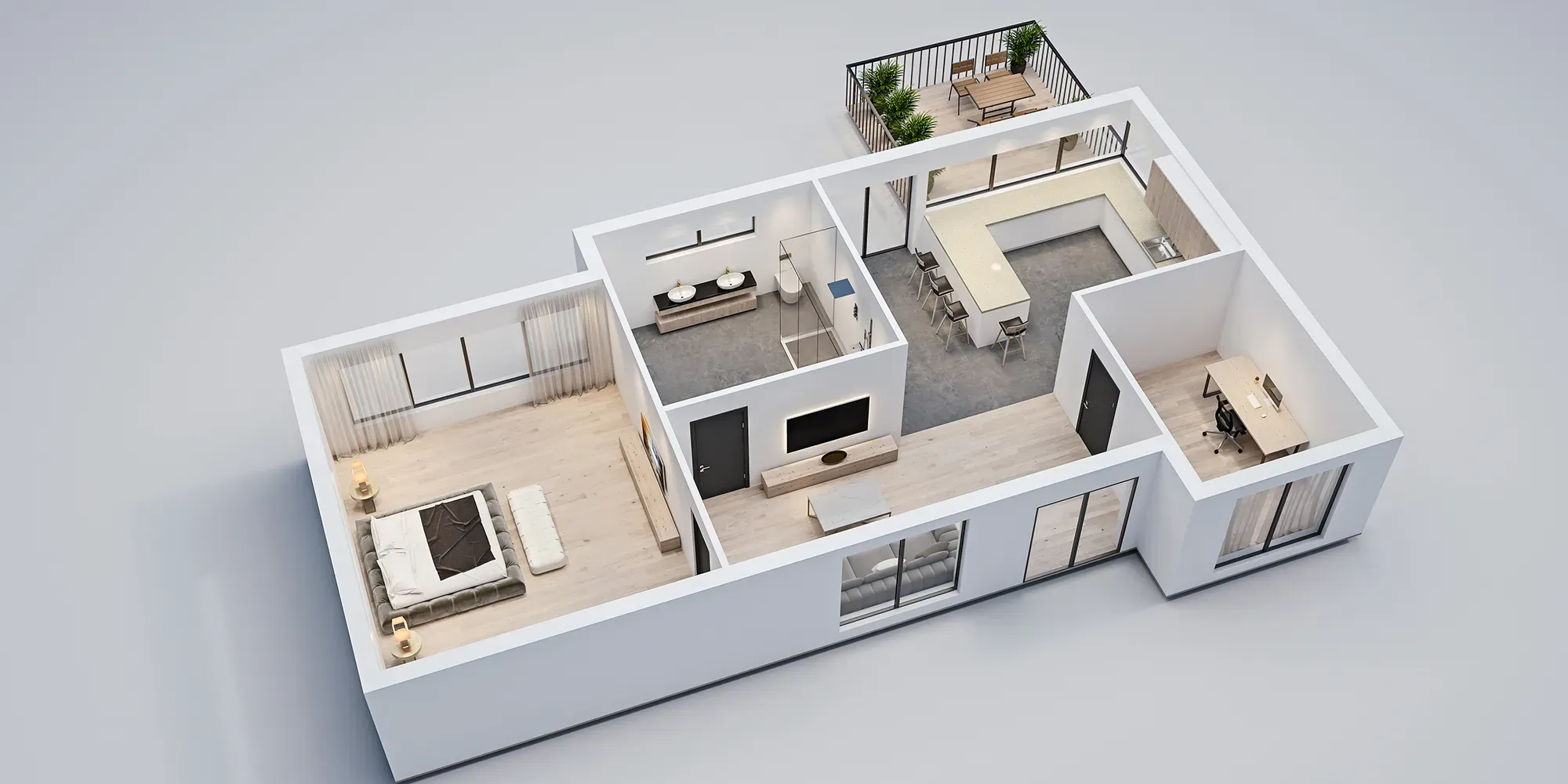 3D-ritning av lägenhet med sovrum, kök, matsal, kontor och taktetrass.